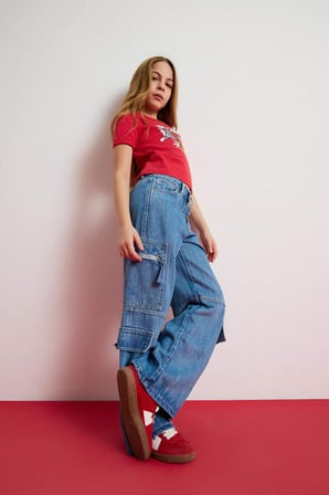 DeFacto Kız Çocuk Wide Leg Kargo Geniş Bol Paça Jean Pantolon D9695A825SMNM39