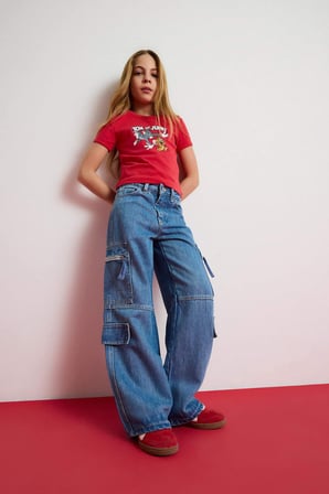 DeFacto Kız Çocuk Wide Leg Kargo Geniş Bol Paça Jean Pantolon D9695A825SMNM39