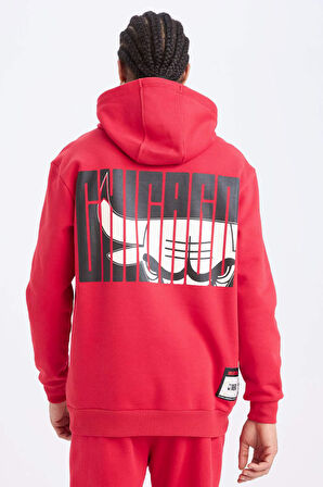 DeFactoFit NBA Chicago Bulls Standart Fit Kapüşonlu Sırt Baskılı Kalın Sweatshirt B3884AX25SPBR244