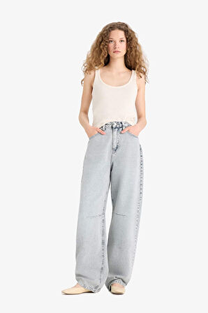 Baggy Fit Yüksek Bel Düz Paça Uzun Jean Görünümlü Pantolon