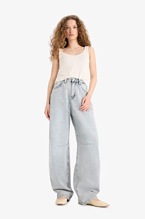 Baggy Fit Yüksek Bel Düz Paça Uzun Jean Görünümlü Pantolon