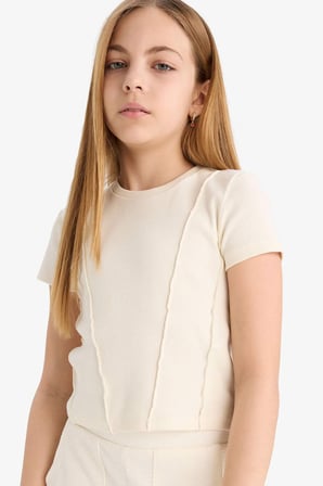 Kız Çocuk Slim Fit Dar Kesim Bisiklet Yaka Basic Düz Ribana Kısa Kollu Tişört