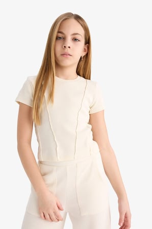 Kız Çocuk Slim Fit Dar Kesim Bisiklet Yaka Basic Düz Ribana Kısa Kollu Tişört