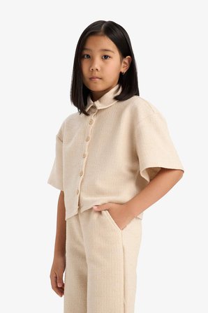 DeFacto Relax Fit Polo Yaka Basic Düz Selanik Kumaş Kısa Kollu Gömlek Kız Çocuk E1102A825SMBG286