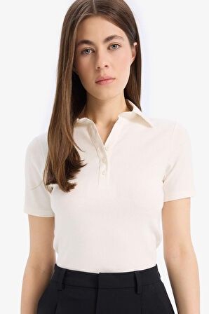 DeFacto Slim Fit Dar Kesim Fitilli Kaşkorse Kısa Kollu Polo Beyaz Tişört C6249AX25SPWT32