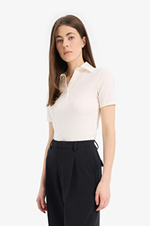DeFacto Slim Fit Dar Kesim Fitilli Kaşkorse Kısa Kollu Polo Beyaz Tişört C6249AX25SPWT32