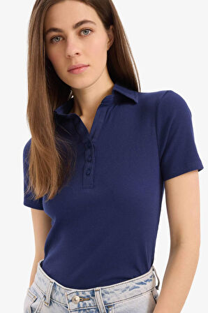 Slim Fit Dar Kesim Polo Yaka Fitilli Kaşkorse Kısa Kollu Polo Tişört