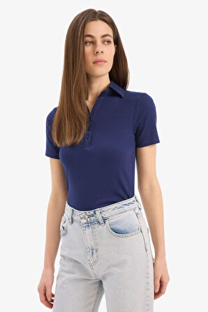 Slim Fit Dar Kesim Polo Yaka Fitilli Kaşkorse Kısa Kollu Polo Tişört