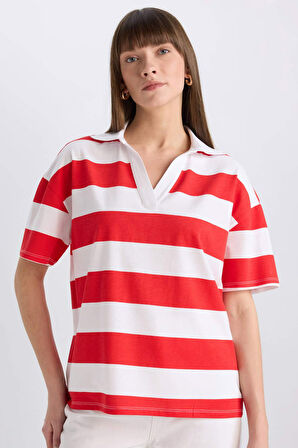 DeFacto Relax Fit Polo Yaka Çizgili Penye Kısa Kollu Tişört E2161AX25SPRD256