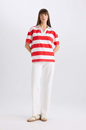 DeFacto Relax Fit Polo Yaka Çizgili Penye Kısa Kollu Tişört E2161AX25SPRD256