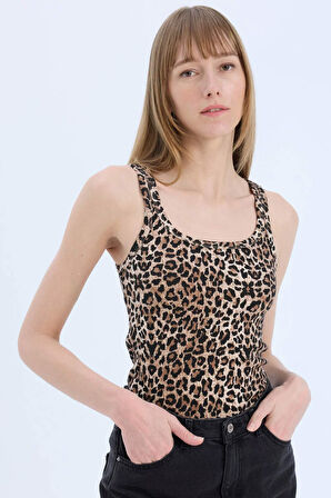 Slim Fit Dar Kesim Leopar Desenli Yuvarlak Yaka Fitilli Kaşkorse Atlet