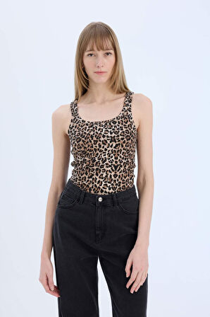 Slim Fit Dar Kesim Leopar Desenli Yuvarlak Yaka Fitilli Kaşkorse Atlet