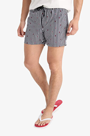 Çizgili File Astarlı Kısa Boy Deniz Şortu