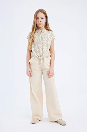 Kız Çocuk Beli Lastikli Wide Leg Geniş Bol Paça Pamuklu Pantolon