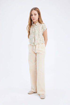 Kız Çocuk Beli Lastikli Wide Leg Geniş Bol Paça Pamuklu Pantolon