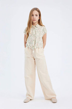 Kız Çocuk Beli Lastikli Wide Leg Geniş Bol Paça Pamuklu Pantolon