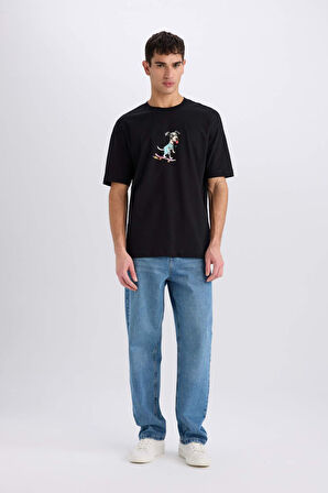 DeFacto %100 Pamuk Boxy Fit Bisiklet Yaka Baskılı Kısa Kollu Tişört D7354AX25SPBK81