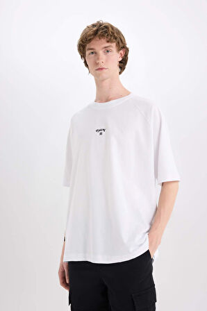 DeFacto %100 Pamuk Loose Fit Bisiklet Yaka Sırt Baskılı Kısa Kollu Tişört D7356AX25SPWT34