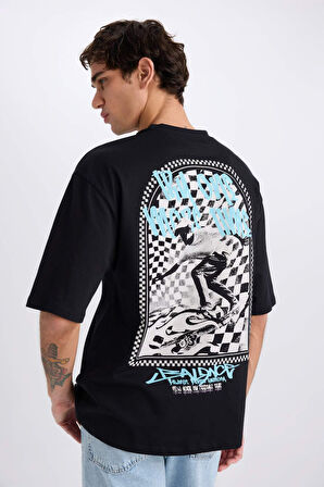 DeFacto %100 Pamuk Loose Fit Bisiklet Yaka Sırt Baskılı Kısa Kollu Tişört D7358AX25SPBK81