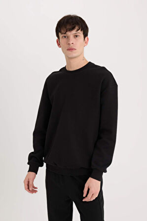 DeFacto Boxy Fit Bisiklet Yaka Basic Düz Pike Sweatshirt E1519AX25SPBK81