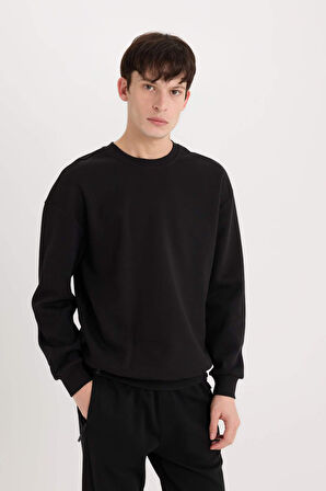 DeFacto Boxy Fit Bisiklet Yaka Basic Düz Pike Sweatshirt E1519AX25SPBK81