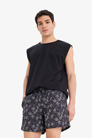 Desenli File Astarlı Kısa Boy Deniz Şortu