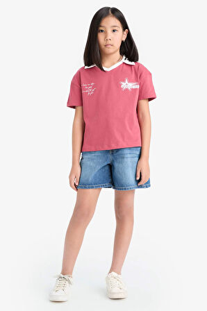 DeFacto Kız Çocuk Boxy Fit Polo Yaka Baskılı Kısa Kollu Tişört E1034A825SMBR201