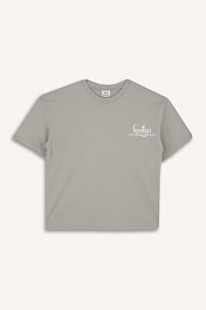 DeFacto Kız Çocuk Oversize Geniş Kalıp Bisiklet Yaka Baskılı Kısa Kollu Tişört E1044A825SMGR266