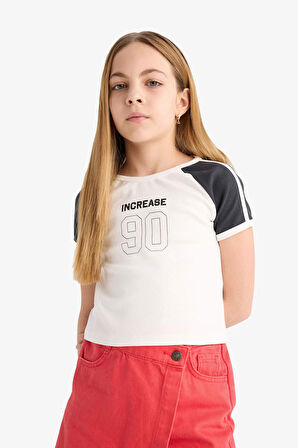 DeFacto Kız Çocuk Bisiklet Yaka Baskılı Ribana Kısa Kollu Tişört E1036A825SMER85