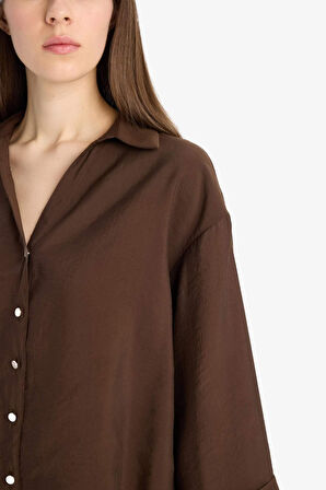 Loose Fit Apaşk Yaka Basic Düz Uzun Kollu Gömlek