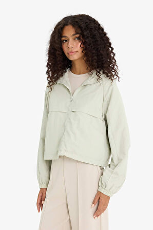 Regular Fit Kapüşonlu Fermuarlı Crop Yağmurluk 