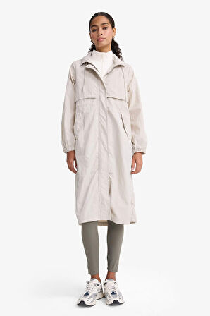 Regular Fit Kapüşonlu Fermuarlı Uzun Yağmurluk
