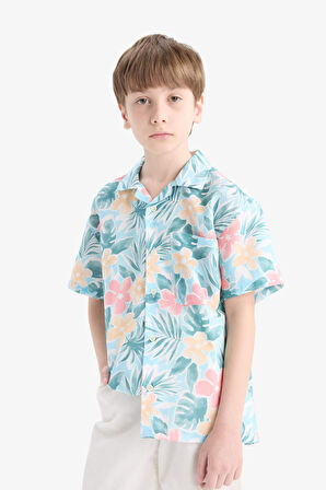 DeFacto Erkek Çocuk Oversize Geniş Kalıp Polo Yaka Desenli Pamuklu Kısa Kollu Gömlek E6653A825HSBE54