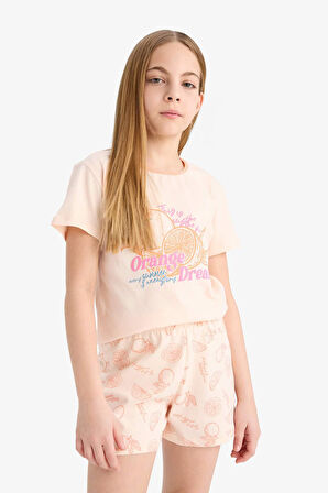 Kız Çocuk Pijama Takımı Baskılı Kısa Kollu Üst Desenli Şort