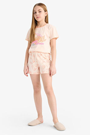 Kız Çocuk Pijama Takımı Baskılı Kısa Kollu Üst Desenli Şort
