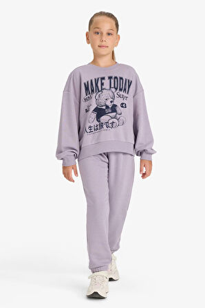 Kız Çocuk 2'li Takım Baskılı Sweatshirt Eşofman Altı