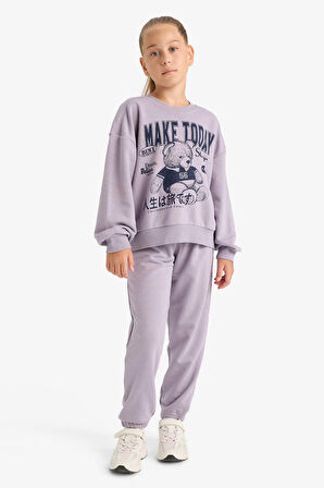 Kız Çocuk 2'li Takım Baskılı Sweatshirt Eşofman Altı