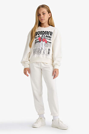 Kız Çocuk 2'li Takım Baskılı Sweatshirt Eşofman Altı