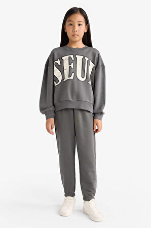 Kız Çocuk 2'li Takım Baskılı Sweatshirt Eşofman Altı