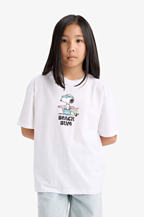DeFacto Kız Çocuk Snoopy Oversize Geniş Kalıp Bisiklet Yaka Sırt Baskılı Kısa Kollu Tişört E6551A825HSWT34