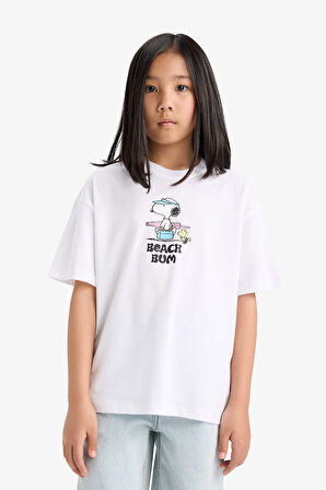 DeFacto Kız Çocuk Snoopy Oversize Geniş Kalıp Bisiklet Yaka Sırt Baskılı Kısa Kollu Tişört E6551A825HSWT34