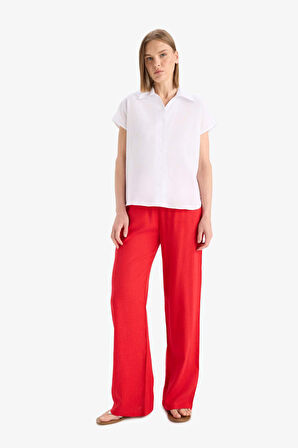 Straight Fit Çift Cepli Kısa Boy Keten Karışımlı Pantolon