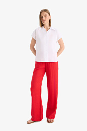 Straight Fit Çift Cepli Kısa Boy Keten Karışımlı Pantolon