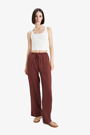 Straight Fit Çift Cepli Kısa Boy Keten Karışımlı Pantolon