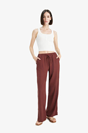 Straight Fit Çift Cepli Kısa Boy Keten Karışımlı Pantolon
