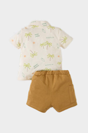 Erkek Bebek 2'li Takım Palmiye Desenli Kısa Kollu Polo Tişört Beli Lastikli Şort