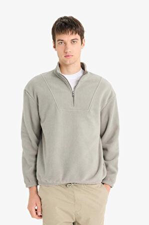 Boxy Fit Dik Yaka Yarım Fermuarlı Polar Sweatshirt 