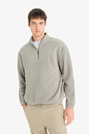 Boxy Fit Dik Yaka Yarım Fermuarlı Polar Sweatshirt 