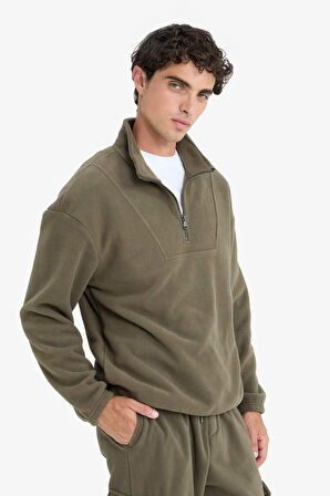Boxy Fit Dik Yaka Yarım Fermuarlı Polar Sweatshirt 