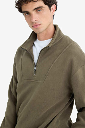 Boxy Fit Dik Yaka Yarım Fermuarlı Polar Sweatshirt 